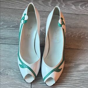 White and Green Floral Peep Toe Heels